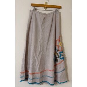 J.Jill Womens Medium Linen Embroidered Floral Beige Trim Midi Skirt Size M Boho
